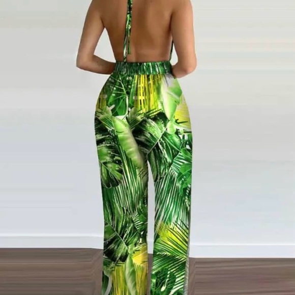 Tropical Green Leaf Print Jumpsuit - Picture 3 of 4